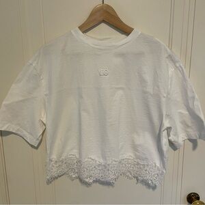 Dolce & Gabbana Oversized Embroidered Logo Lace Trim Short Sleeve Shirt